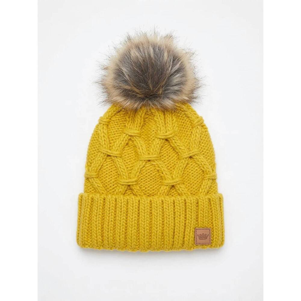 NEW PANACHE women's cable knit pom hat in mustard